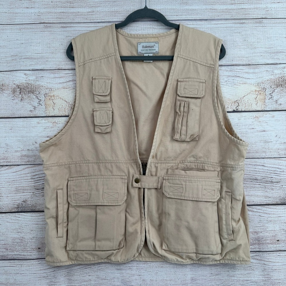 Haleman Utility Vest Men Size M Khaki Tan Multi Pocket Cotton Fishing Safari